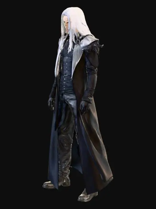 3D model for Sephiroth is a tall, muscular man. He wears a long black coat with silver shoulder pads, black boots, and black pants. The top of the coat is unbuttoned, revealing his chest, which is covered by the crisscrossing suspenders of a SOLDIER. Sephiroth has long silver hair, with two short strands framing his face. In Crisis Core -Final Fantasy VII-, these strands are shorter. Sephiroth's eyes are green with slit pupils. 

 epic , creative, cinematic lighting, soft shadows, perfect, Insanely detailed, breathtaking, divine, celestial, elegant, dynamic, beautiful, dreams, Imaginarium, atmospheric, gentle, unusual, hyper-detailed, #villain#