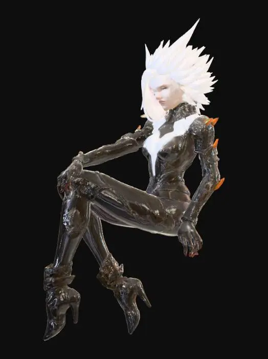 3D model for 3D figure, sitting on a glowing LED crystal, Dynamic scene, dynamic pose, Full height, full body, heels, Final Fantasy VII , female , Jenova, presents with an ethereal presence, very pale skin, ,starkly contrasted by angular, wild patterns in a cyber body suit. White hair, and her eyes possess an evil, glowing luminescence. , dark in the background, epic, creative, dramatic, soft shadows, perfect, Insanely detailed, breathtaking, divine, celestial, elegant, dynamic, beautiful, dreams, Imaginarium, atmospheric, gentle, unusual, #villain#