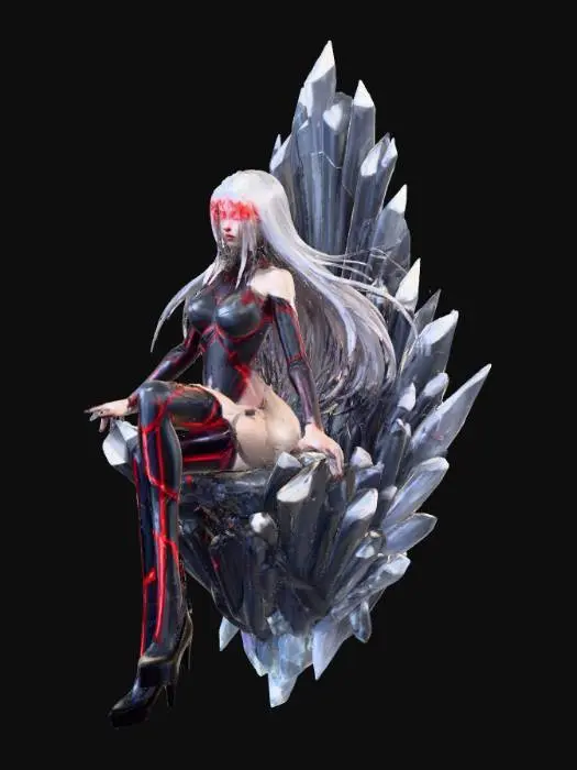 3D model for Dark Throne Ascendancy, Final Fantasy VII , female , Jenova, sitting, presents with an ethereal presence, very pale skin, starkly contrasted by angular, wild patterns in a cyber body suit underwear, White hair, and her eyes possess an evil, glowing luminescence, dark in the background, epic, creative, dramatic, soft shadows, perfect, Insanely detailed, breathtaking, divine, celestial, elegant, dynamic, beautiful, dreams, Imaginarium, atmospheric, gentle, unusual, #villain#