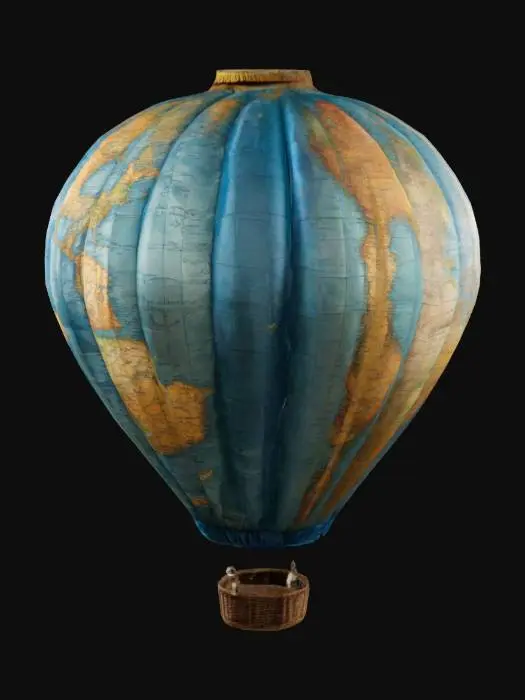 3D model for Создай 3D модель воздушного шара (летательного аппарата). Шар должен иметь классическую форму с округлым верхом, плавно переходя в корзину внизу. Текстура шара должна отражать естественный цвет и узоры ткани, из которой обычно изготавливаются воздушные шары. Рассмотри варианты с вертикальными полосами разных цветов или с более сложными, но гармоничными реалистично выглядящими узорами. Цвета должны быть насыщенными, но не слишком яркими, чтобы сохранить чувство натуральности материала. UV раскладка модели должна быть максимально проста и понятна, чтобы облегчить дальнейшее текстурирование или редактирование. Избегай сложных перекрытий и обеспечи достаточно места для деталей текстуры. Обрати внимание на пропорции и общий вид, чтобы модель выглядела узнаваемой и эстетически привлекательной.