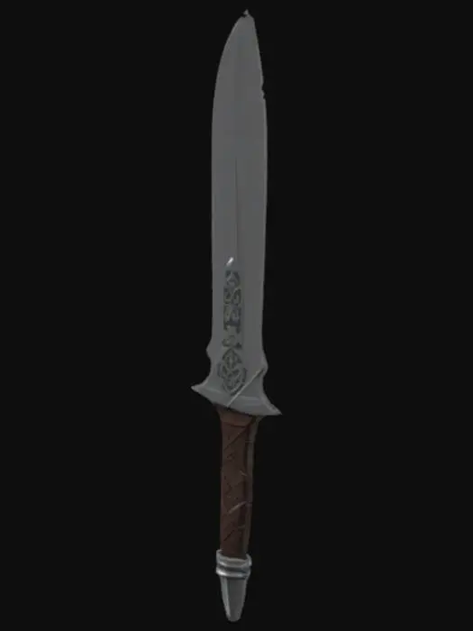 3D model for "Create a low-poly dagger or short sword model for Roblox named Whispersteel. The blade should have a sleek, shadowy appearance with a faint glow or hum-like effect along the edge. Use at least 15 faces and 15 vertices. Add subtle runes near the hilt and make the handle wrapped in dark leather. This weapon should look agile, silent, and deadly — perfect for an assassin."