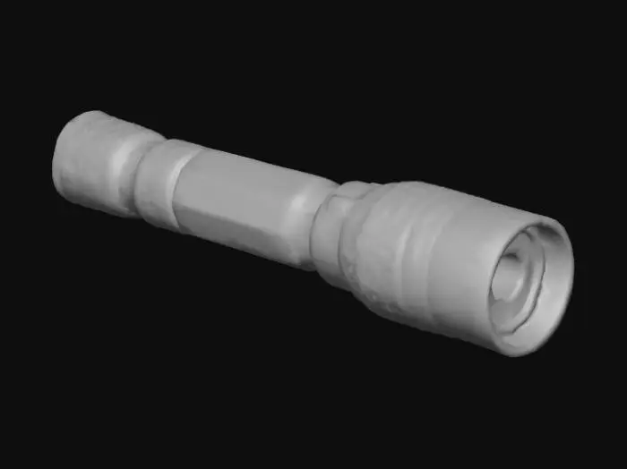 3D model for Tactical flashlight model, metallic finish, low-poly stylized realism, similar to Unity 2017 graphics. Include a small recess near the power button area designed for three small battery indicator lights (the recess should be empty/blank)."
