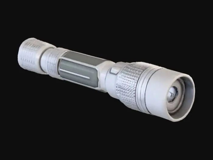 3D model for Tactical flashlight model, metallic finish, low-poly stylized realism, similar to Unity 2017 graphics. Include a small recess near the power button area designed for three small battery indicator lights (the recess should be empty/blank)."
