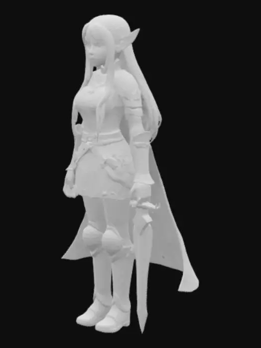 3D model for Full-body 3D model of a young elven girl, from head to toe. She wears medieval fantasy armor. In her right hand, she holds a one-handed sword with glowing runes. Her left arm is replaced with a detailed steampunk-style mechanical prosthetic. She has long golden hair and emerald green eyes. The model should have an anime-inspired art style, optimized for use in Blender, ready for further editing and rigging.