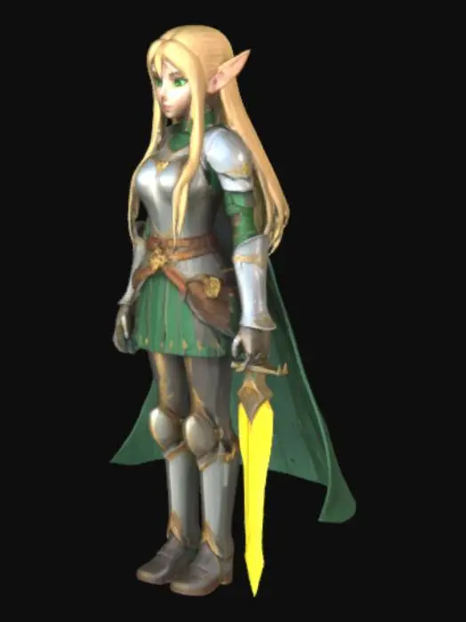 3D model for Full-body 3D model of a young elven girl, from head to toe. She wears medieval fantasy armor. In her right hand, she holds a one-handed sword with glowing runes. Her left arm is replaced with a detailed steampunk-style mechanical prosthetic. She has long golden hair and emerald green eyes. The model should have an anime-inspired art style, optimized for use in Blender, ready for further editing and rigging.