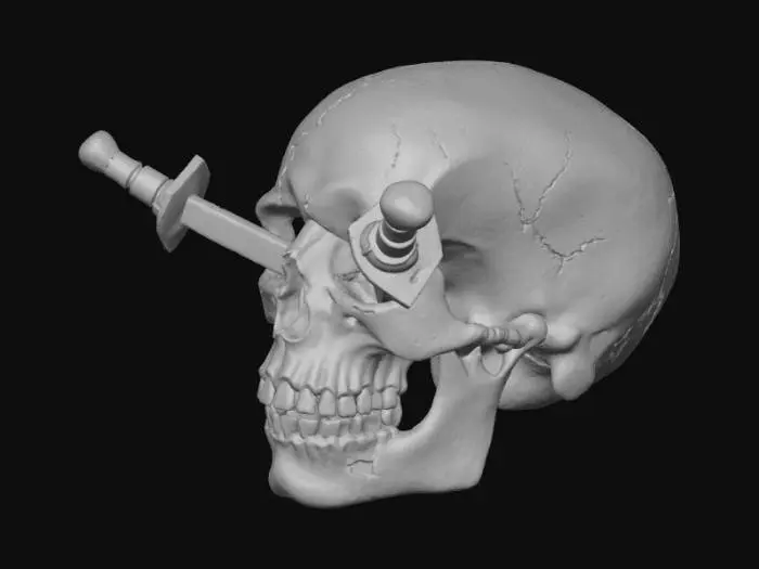 3D model for A pirate skull with 2 daggers sticking out of the skull.