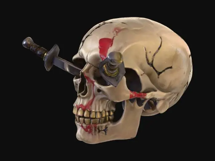 3D model for A pirate skull with 2 daggers sticking out of the skull.
