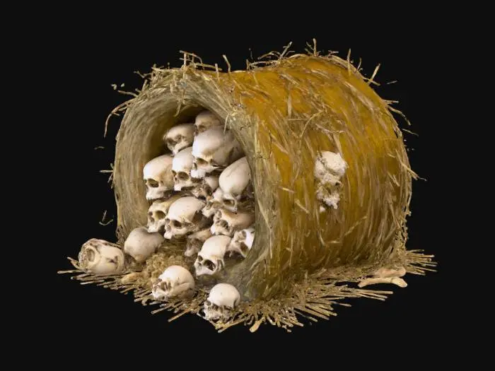 3D model for A bale of hay that has different size skulls in bedded in the bale.