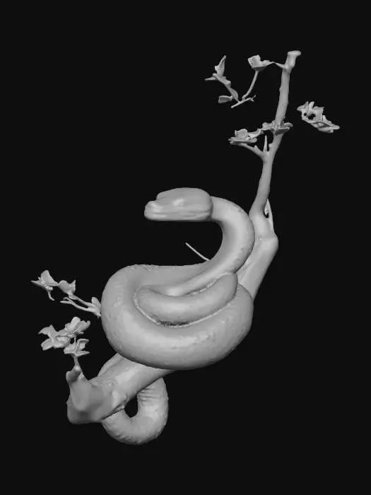 3D model for a highly detailed curled up boa constrictor on a tree branch.
