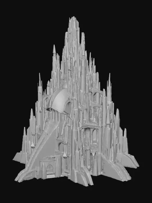 3D model for Create a 3d printable design., The object is a fantastical, towering cityscape with a complex geometry of interconnected structures, featuring sharp and smooth textures, highlighted by dramatic lighting and vibrant blues and greens.