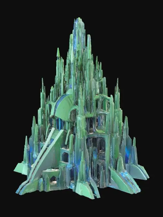 3D model for Create a 3d printable design., The object is a fantastical, towering cityscape with a complex geometry of interconnected structures, featuring sharp and smooth textures, highlighted by dramatic lighting and vibrant blues and greens.