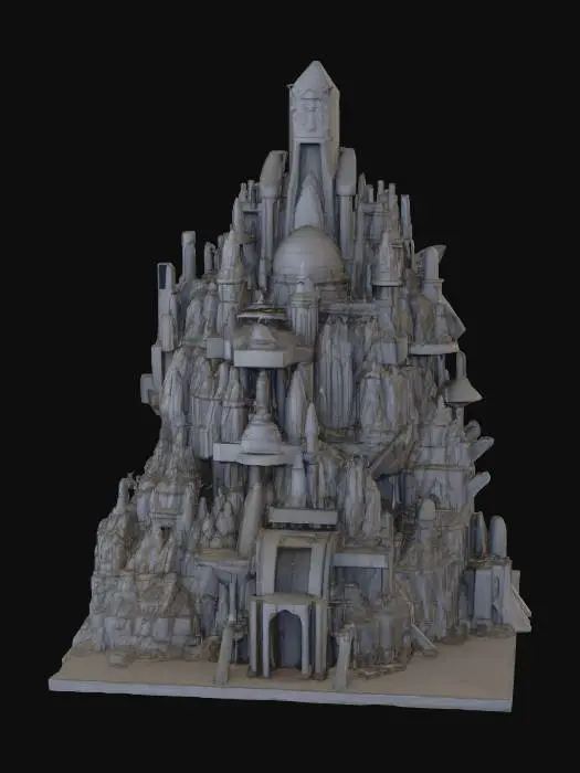 3D model for Create a 3d printable design., The object is a fantastical, towering cityscape with a complex geometry of interconnected structures, featuring sharp and smooth textures, highlighted by dramatic lighting and vibrant blues and greens.