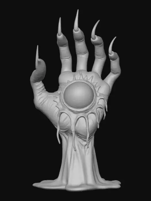 3D model for A hand that has a decorative eyeball in the center of the palm. Creepy looking hand with long pointed finger nails.