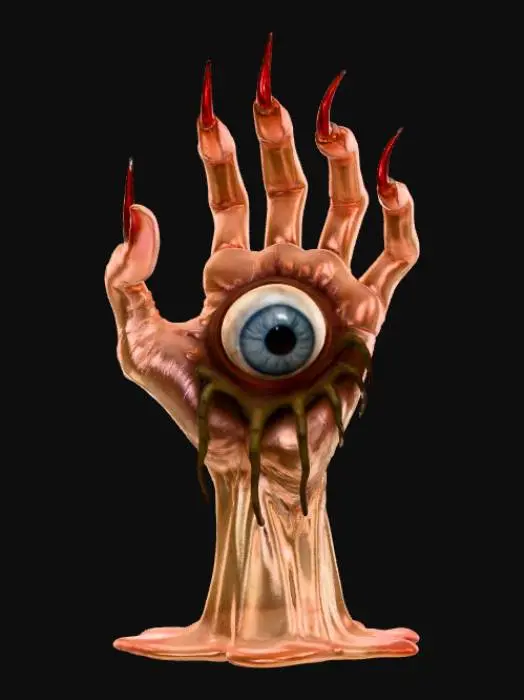 3D model for A hand that has a decorative eyeball in the center of the palm. Creepy looking hand with long pointed finger nails.