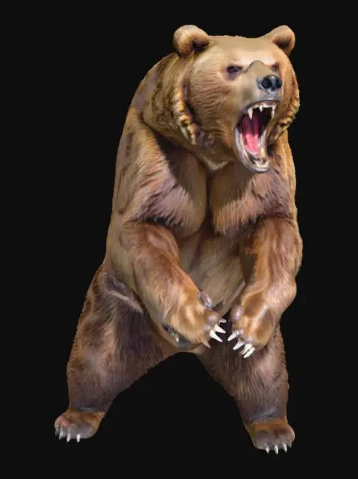 3D model for a gruesome snarling grizzly bear standing on its hind legs with its mouth wide open showing all its teeth.