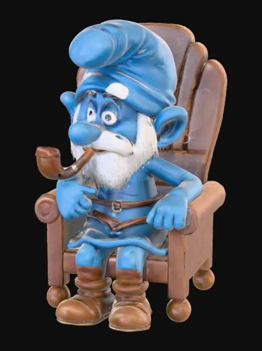 3D model for Papa Smurf smoking a pipe, sitting in a brown chair.
