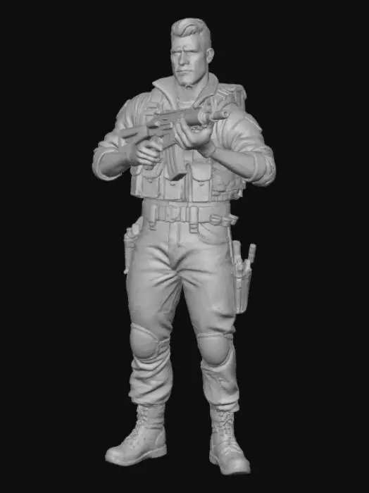 3D model for an action figure that is missing his left arm and has a machine gun in his right hand.