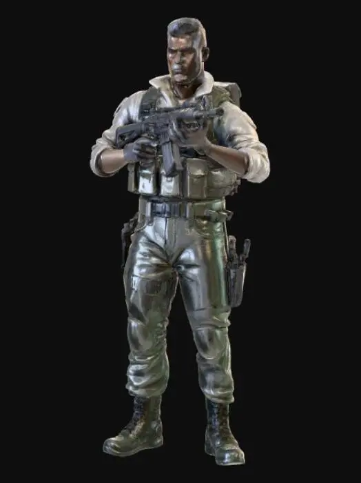 3D model for an action figure that is missing his left arm and has a machine gun in his right hand.