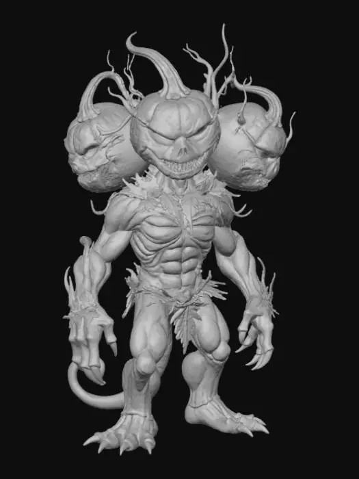 3D model for Create a ceribus type pumpkin man with 3 pumpkin heads.