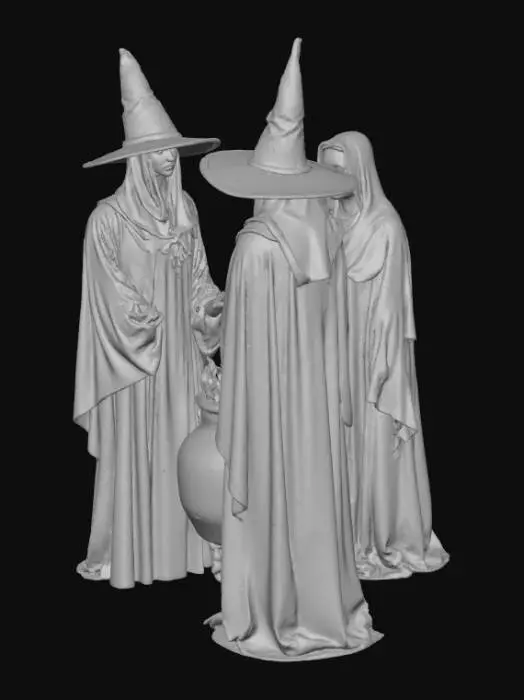 3D model for 3 witches, standing around a boiling cauldron with a skeleton in the pot.