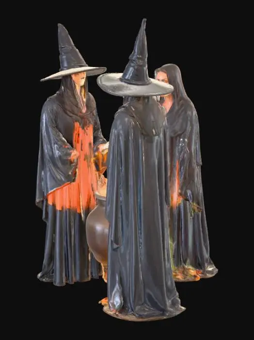 3D model for 3 witches, standing around a boiling cauldron with a skeleton in the pot.