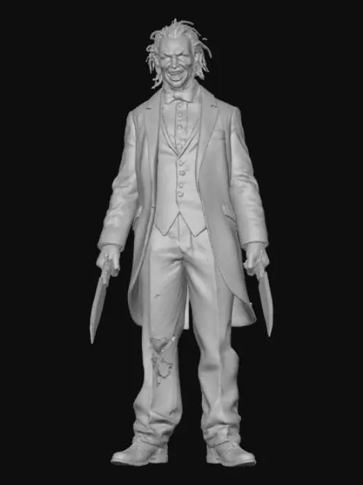 3D model for A demented scientist wearing a tuxedo with wild hair and holding a knife in both his hands.