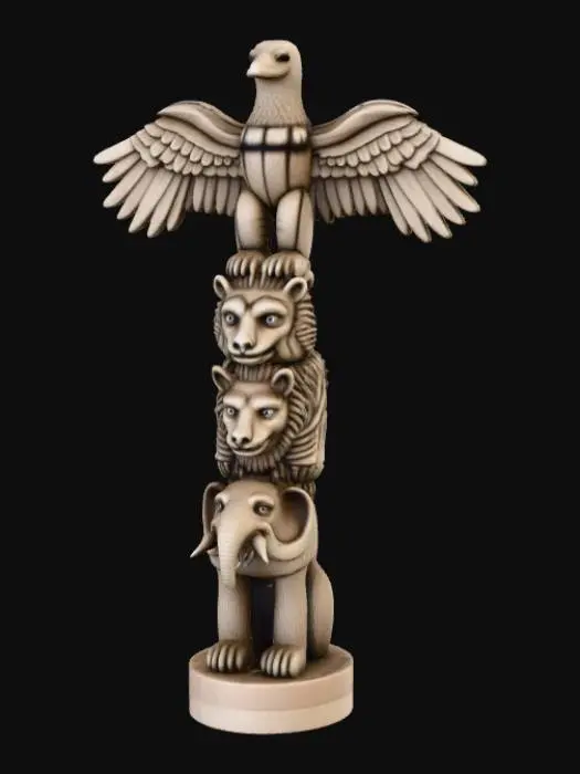 3D model for Create an Indian Totem pole with 4 layers.  An eagle top's it, with a bear, lion, and elephant as the remainder of the totem.