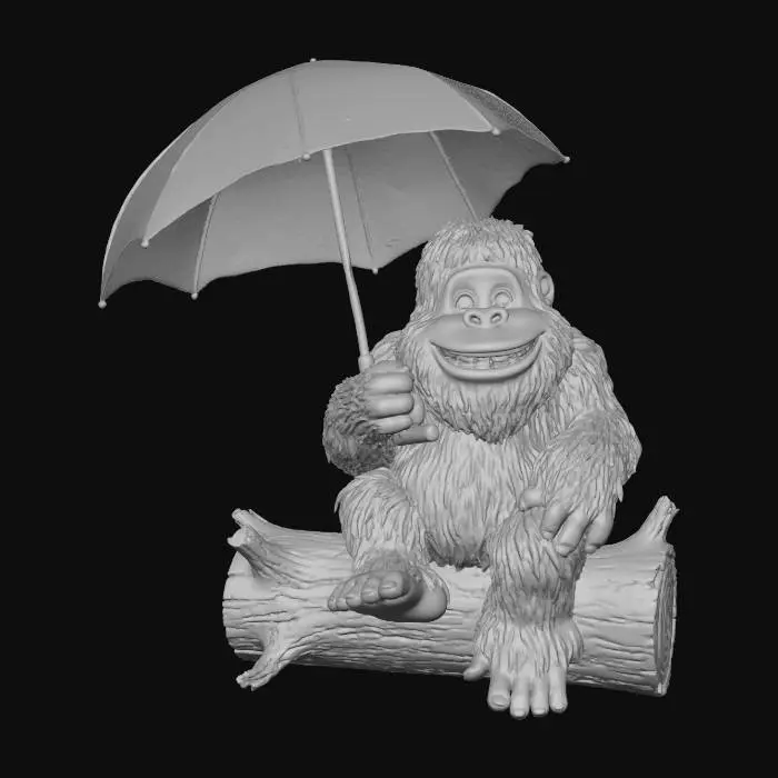3D model for A bigfoot with a goofy smile and umbrella sitting on a log.
