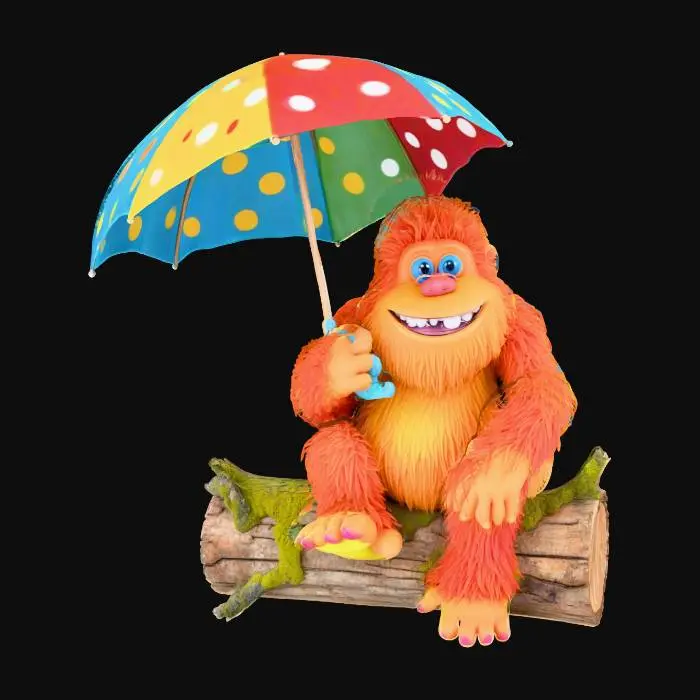 3D model for A bigfoot with a goofy smile and umbrella sitting on a log.