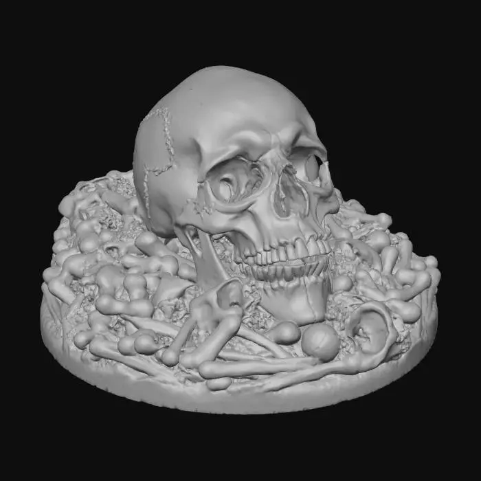 3D model for A pile of skulls and skeletons forming the shape of a skull, on a mountain of skulls and skeletons.