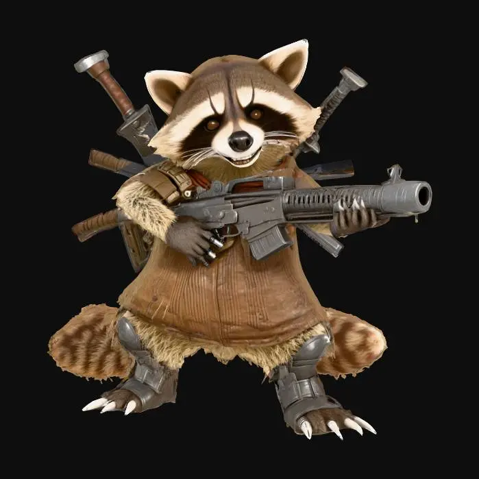3D model for a warrior racoon with swords on his back, holding a machine gun.  Crazed.