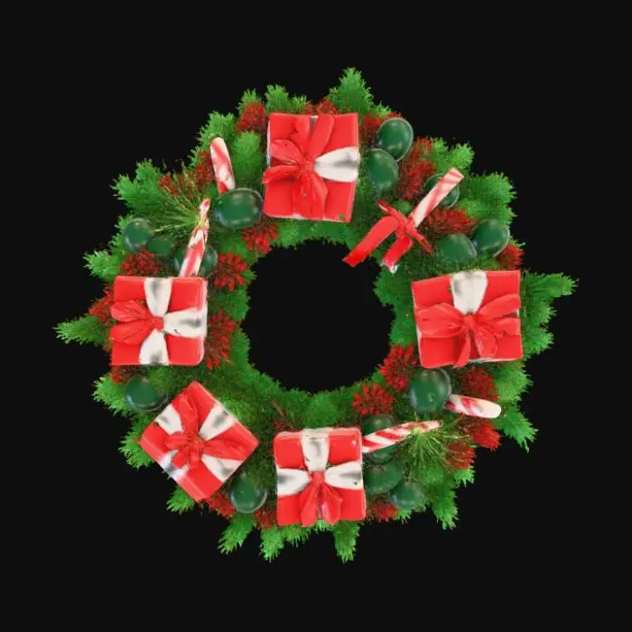 3D model for Create a Holiday wreath with presents and candy canes around it.