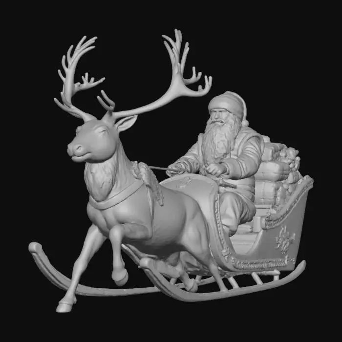 3D model for Create a highly detailed Santa Sled with rocket engines and flames painted on the sides.  Inside the slay, Santa is driving the reindeer with a majestic set of reins., #Christmas2025#