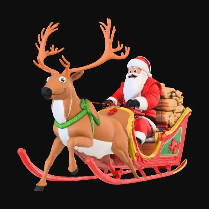 3D model for Create a highly detailed Santa Sled with rocket engines and flames painted on the sides.  Inside the slay, Santa is driving the reindeer with a majestic set of reins., #Christmas2025#