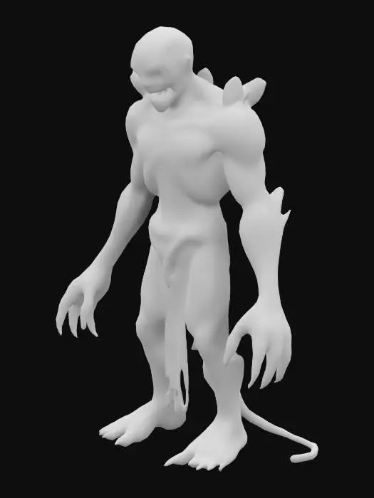 3D model for crie um ser do deserto a cor dele precisa ser semelhante a de areia para melhor camuflagem, ele  deve ser semi humanoide tendo 4 metros de altura e uma aparencia deformada alem de ter cristais cravados em suas costas e braços longos com garras afiadas alem de ter dentes afiados tambem 

