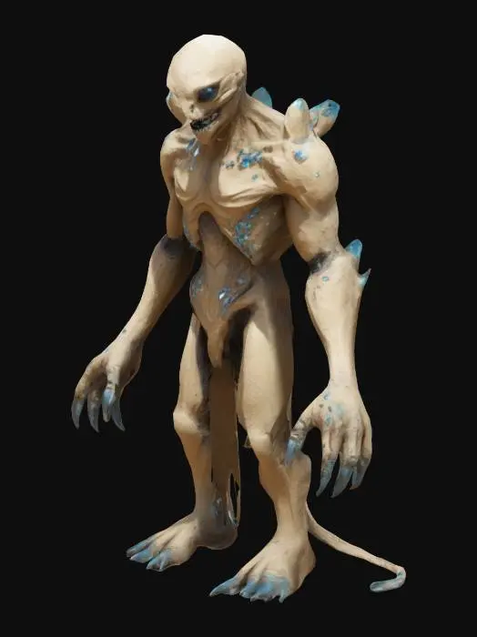 3D model for crie um ser do deserto a cor dele precisa ser semelhante a de areia para melhor camuflagem, ele  deve ser semi humanoide tendo 4 metros de altura e uma aparencia deformada alem de ter cristais cravados em suas costas e braços longos com garras afiadas alem de ter dentes afiados tambem 

