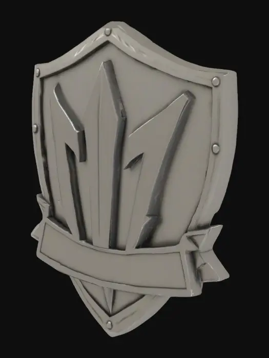 3D model for create a shield with rivets round the edge. use the reference image for the shape. includes a ribbon banner in the front face. make it very depth dimensional.  There should be nothing on the rear face of the object. would like it to match exactly like the reference image. 