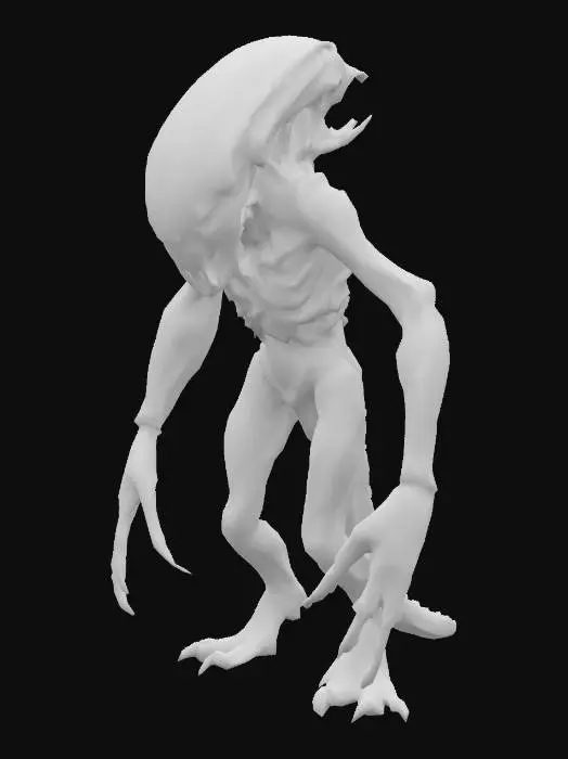 3D model for Grotesque humanoid creature made of black organic matter, partially human features distorted and merged with alien biomass, elongated limbs, glossy wet surface texture, horror game monster, detailed 3D model, dark sci-fi aesthetic
