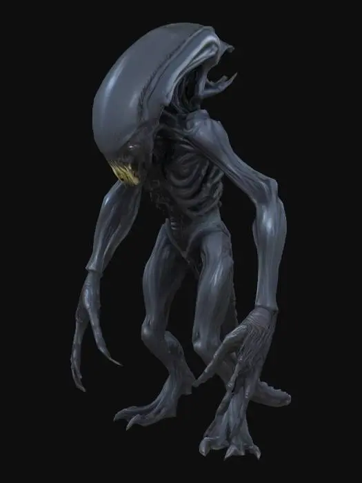 3D model for Grotesque humanoid creature made of black organic matter, partially human features distorted and merged with alien biomass, elongated limbs, glossy wet surface texture, horror game monster, detailed 3D model, dark sci-fi aesthetic