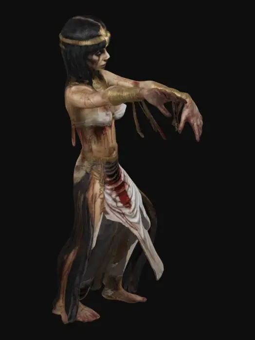 3D model for Zombie Cleopatra, T-pose, horror, realistic, rotten skin, tattered Egyptian attire, golden jewelry, bloodstains, bandages, clear gaps between limbs and body, palms facing body