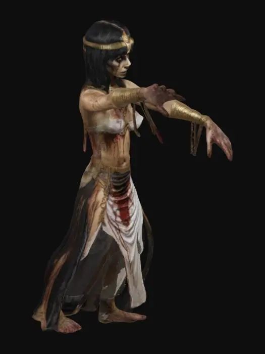 3D model for Zombie Cleopatra, T-pose, horror, realistic, rotten skin, tattered Egyptian attire, golden jewelry, bloodstains, bandages, clear gaps between limbs and body, palms facing body
