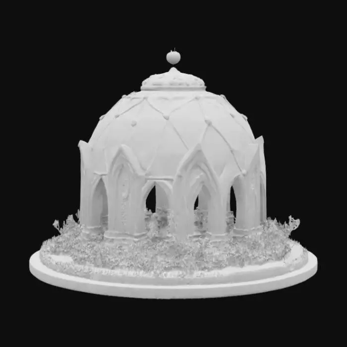 3D model for Stylized, Medieval, Vintage, Fantasy, Organic, Ultra Realistic, Highly Detailed, The object is a geodesic dome with a transparent, faceted surface, featuring a smooth, glassy texture that contrasts with the lush, natural elements surrounding it.