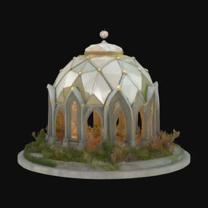 3D model for Stylized, Medieval, Vintage, Fantasy, Organic, Ultra Realistic, Highly Detailed, The object is a geodesic dome with a transparent, faceted surface, featuring a smooth, glassy texture that contrasts with the lush, natural elements surrounding it.
