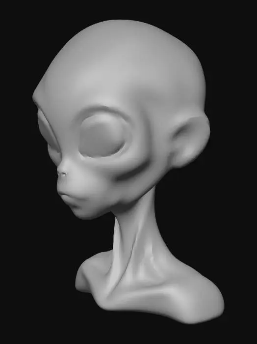 3D model for Simple gray alien head. With outlines around the eyes and mouth. Small nose. Black eyes. The model should only include the neck and head. It cannot have many details. It should be as simple as possible. No ears, just a small hollow where the ears should be. The model must not have wrinkles.