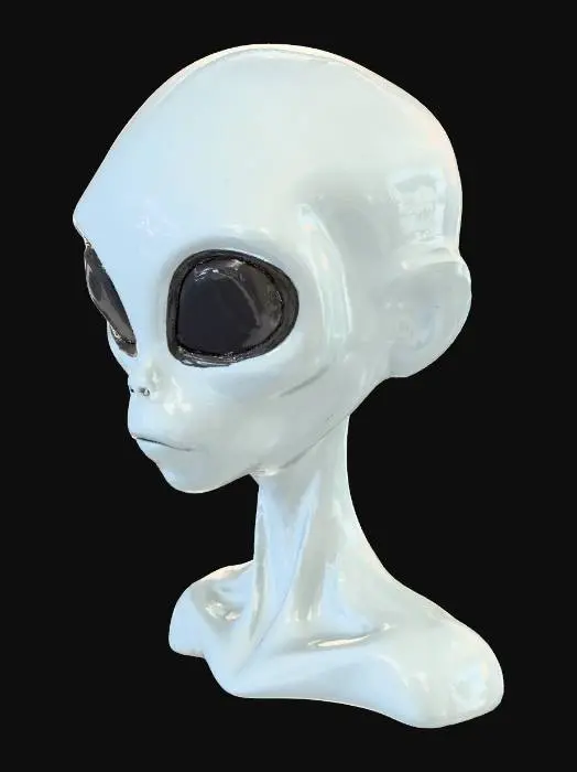 3D model for Simple gray alien head. With outlines around the eyes and mouth. Small nose. Black eyes. The model should only include the neck and head. It cannot have many details. It should be as simple as possible. No ears, just a small hollow where the ears should be. The model must not have wrinkles.