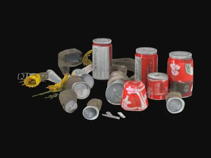 3D model for Create a detailed ground debris scene in a gritty, realistic style reminiscent of Call of Duty Modern Warfare II. Include crushed soda cans (aluminum, dented), broken glass shards (sharp edges, jagged reflections), and bloodstained rags (clotted, torn). The ground surface is compacted dirt with footstep scuffs, wildflowers (yellow petals, wilted stems), and chain-link fence shadows. Textures include rough terrain, organic decay, and environmental wear