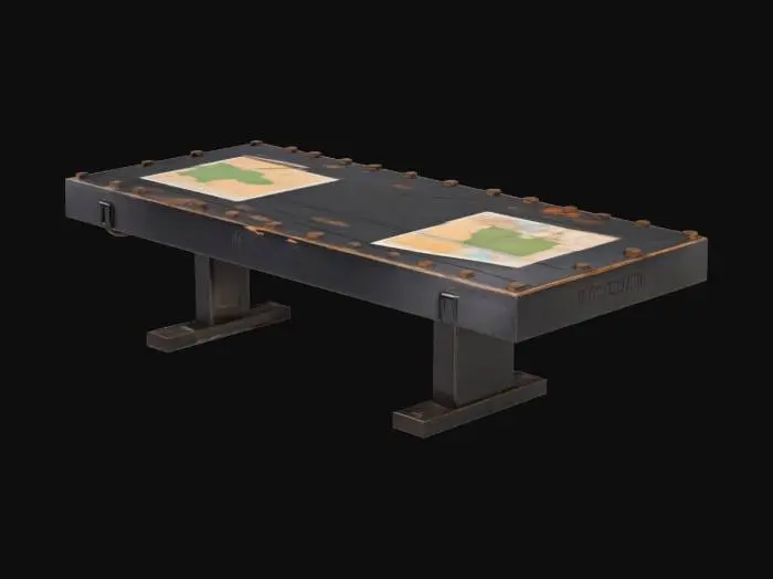 3D model for A heavy-duty military briefing table made of matte-black steel with a rough wooden surface, visible scratches and gouges from years of use, burn marks and cigarette burns embedded into the wood, faded and wrinkled tactical maps taped to the tabletop, reinforced steel corners, visible weld seams, slight rust buildup on legs and lower frame, utilitarian combat zone design, placed in a gritty Call of Duty Modern Warfare II-style briefing room, photorealistic, high poly, 10k polycount, sharp edges, aligned and detailed 4K textures, quad-dominant mesh, cinematic lighting, realistic materials and wear