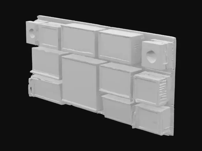 3D model for A wall-mounted array of ruggedized LCD monitors in a military command center, featuring thick black bezels, visible ventilation grilles, and tactical data displays such as maps, satellite feeds, and mission info. Some screens show static or low battery warnings. The steel mounting brackets are detailed with visible bolts and minor signs of wear, including dust buildup on the surfaces. The scene is set in a highly realistic Call of Duty Modern Warfare II ops room style, capturing the gritty, functional aesthetics of a military command center. The monitors should be textured with a realistic finish, reflecting light and offering a sense of depth.
