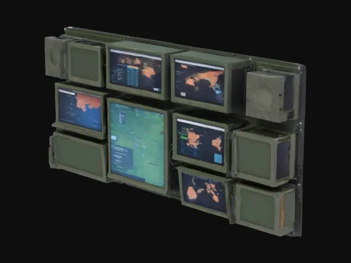 3D model for A wall-mounted array of ruggedized LCD monitors in a military command center, featuring thick black bezels, visible ventilation grilles, and tactical data displays such as maps, satellite feeds, and mission info. Some screens show static or low battery warnings. The steel mounting brackets are detailed with visible bolts and minor signs of wear, including dust buildup on the surfaces. The scene is set in a highly realistic Call of Duty Modern Warfare II ops room style, capturing the gritty, functional aesthetics of a military command center. The monitors should be textured with a realistic finish, reflecting light and offering a sense of depth.