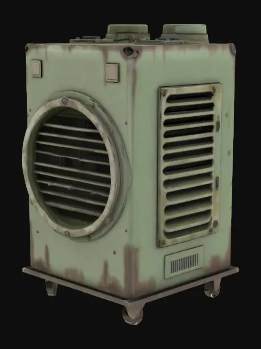 3D model for Create a detailed 3D model of a portable air conditioning unit in a gritty, realistic style reminiscent of Call of Duty Modern Warfare II. The unit should have a rectangular metal body with a cylindrical top section featuring a circular vent. The sides should include vertical and horizontal ventilation grilles with sharp, industrial-looking edges. The entire surface should show signs of wear: dusty, scratched paint, rust stains, and scuff marks. The base should have rubber feet for stability. Include attached power cords and plugs, emphasizing their weathered condition. Use muted military tones (dark gray, olive green) with subtle highlights to capture the utilitarian design. Ensure flawless geometry and perfectly aligned textures.
